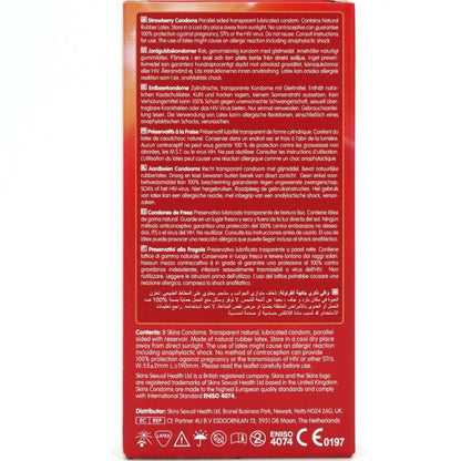 Preservativi SKINS Premium alla fragola in confezione da 8, morbidi e sicuri, con gusto alla fragola, per un'esperienza piacevole.