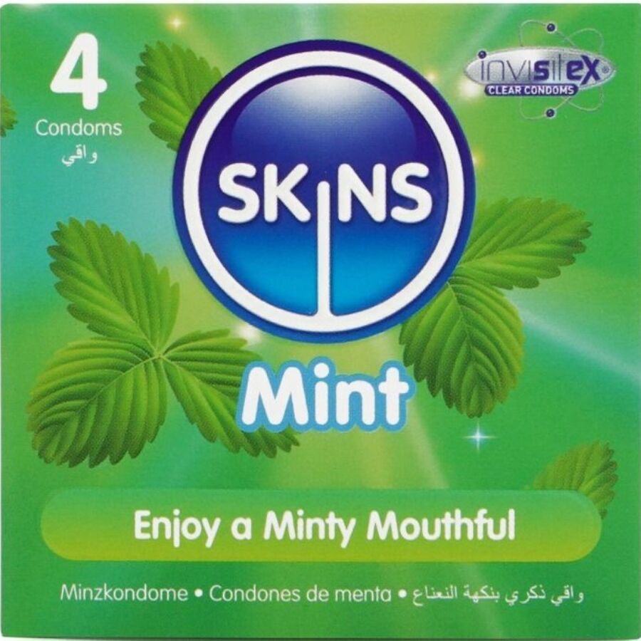 Preservativi SKINS alla menta in confezione da 4, con confezione colorata e logo visibile, progettati per maggiore freschezza.