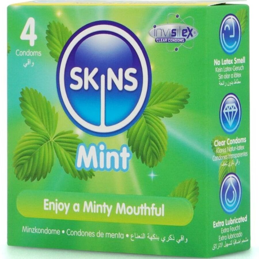 Preservativi SKINS alla menta, confezione da 4, con rivestimento mentolato, ideale per protezione e freschezza.
