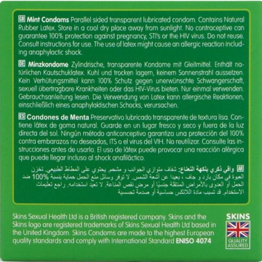 Preservativi SKINS premium alla menta in confezione da 4, dettagli visivi delle scatole con design e logo del marchio.