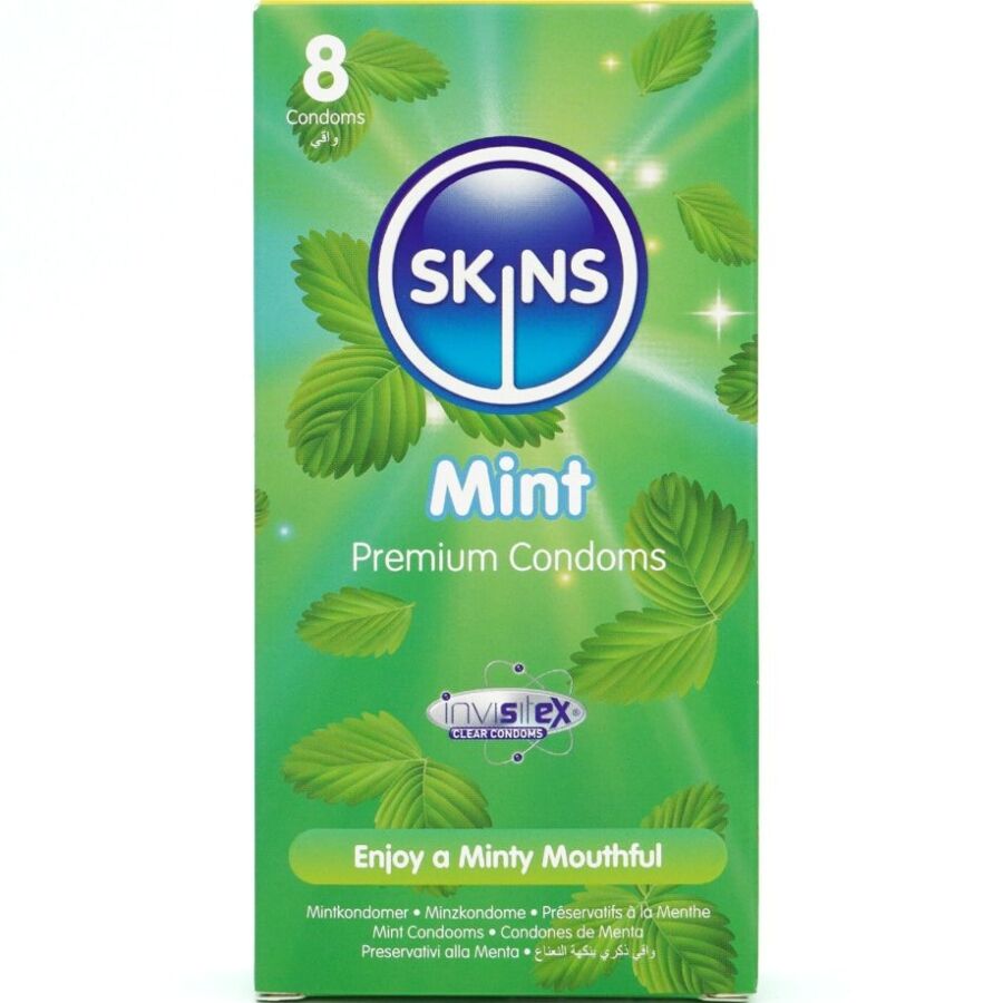 Preservativi SKINS alla menta, confezione da 8, con rivestimento mentolato per un'esperienza fresca e sicura.