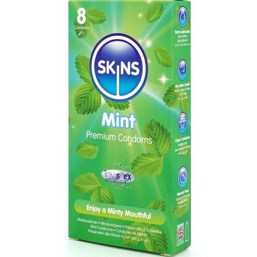 Preservativi SKINS premium alla menta, confezione da 8, con dettaglio della confezione e logo del brand.