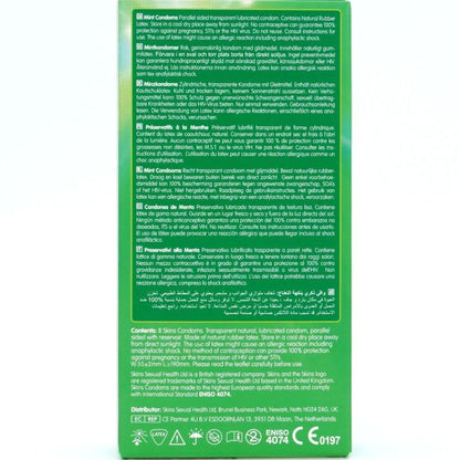 Preservativi SKINS premium alla menta in confezione da 8, con confezione colorata e dettagli del prodotto visibili.
