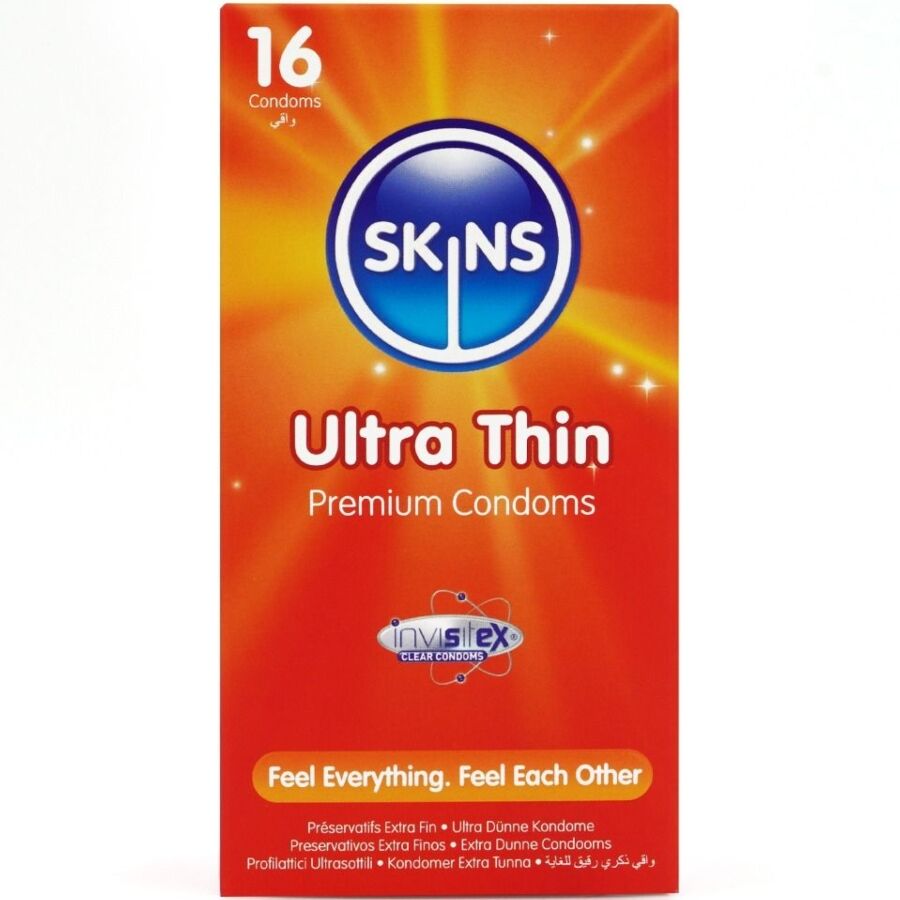 Preservativi ultra sottili SKINS premium, confezione da 16, con dettagli visibili sulla confezione e il logo del marchio.