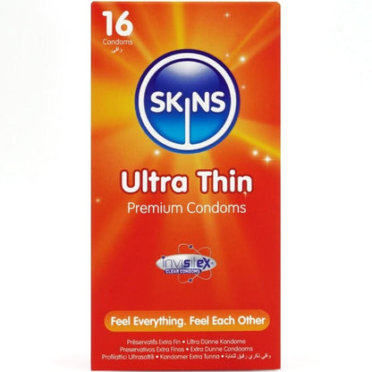 Preservativi ultra sottili SKINS premium, confezione da 16, con dettagli visibili sulla confezione e il logo del marchio.