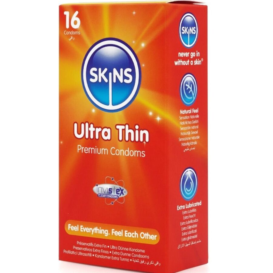 Preservativi ultra sottili premium SKINS in confezione da 16, prodotti per protezione e piacere.