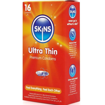 Preservativi ultra sottili premium SKINS in confezione da 16, prodotti per protezione e piacere.