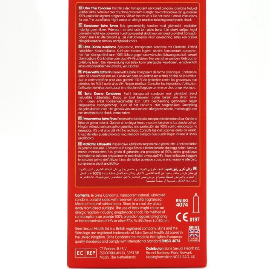 Preservativi ultra sottili SKINS in confezione da 16, prodotti di alta qualità per protezione e comfort.