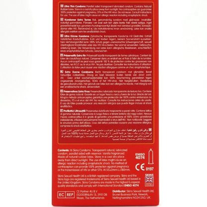 Preservativi ultra sottili SKINS in confezione da 16, prodotti di alta qualità per protezione e comfort.