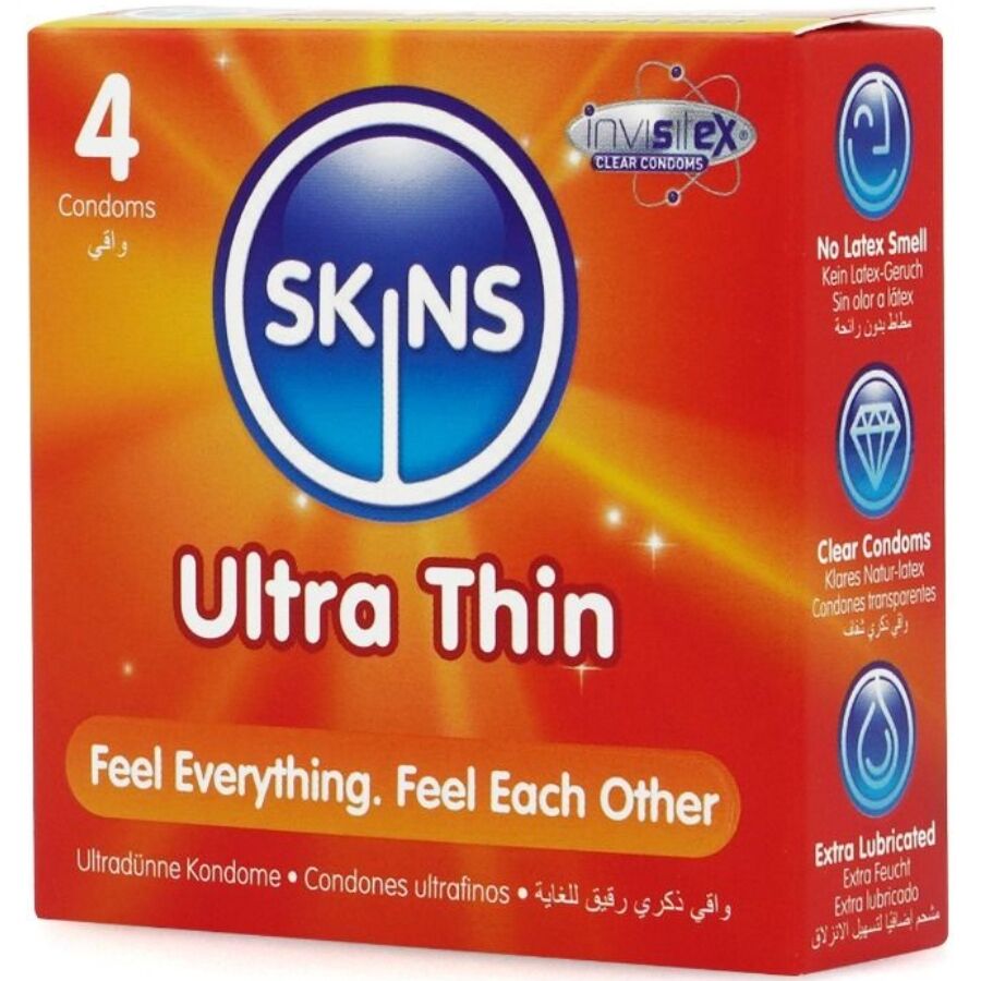 Preservativi ultra sottili SKINS premium, confezione da 4, dettagli e texture visibili.