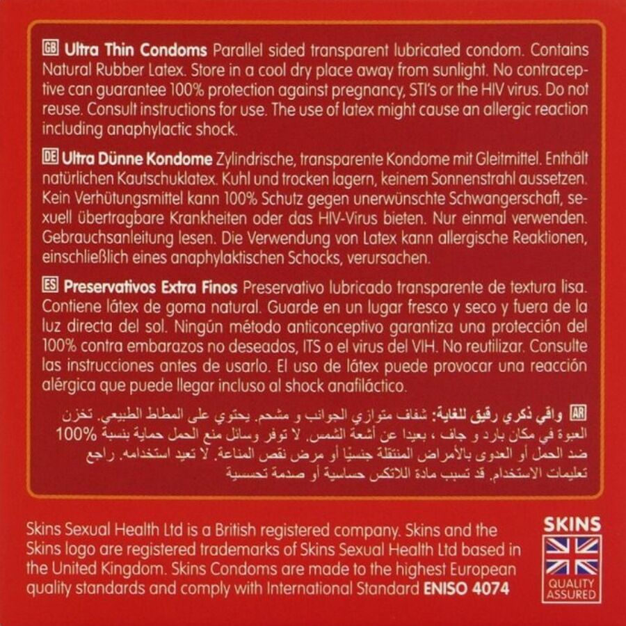 Preservativi ultra sottili SKINS in confezione da 4, prodotti di alta qualità per protezione e comfort.