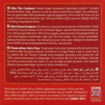 Preservativi ultra sottili SKINS in confezione da 4, prodotti di alta qualità per protezione e comfort.