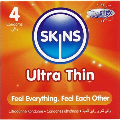 Preservativi ultra sottili SKINS, confezione da 4, in confezione elegante, con dettagli del prodotto visibili.