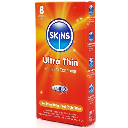 Preservativi ultra sottili SKINS, confezione da 8, in confezione premium, evidenziando la confezione e il prodotto.