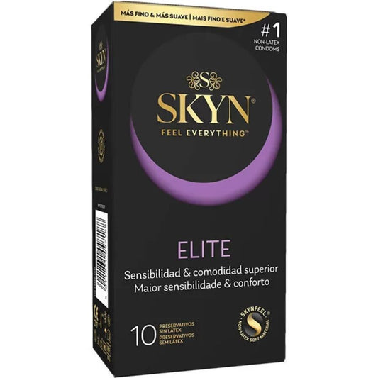 Preservativi ultra sottili SKYN Elite, confezione da 10 unità, con confezione e dettagli del prodotto visibili.