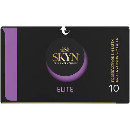 Preservativi SKYN Elite ultra-sottile, confezione da 10 unità, con dettagli della scatola e il logo del marchio.