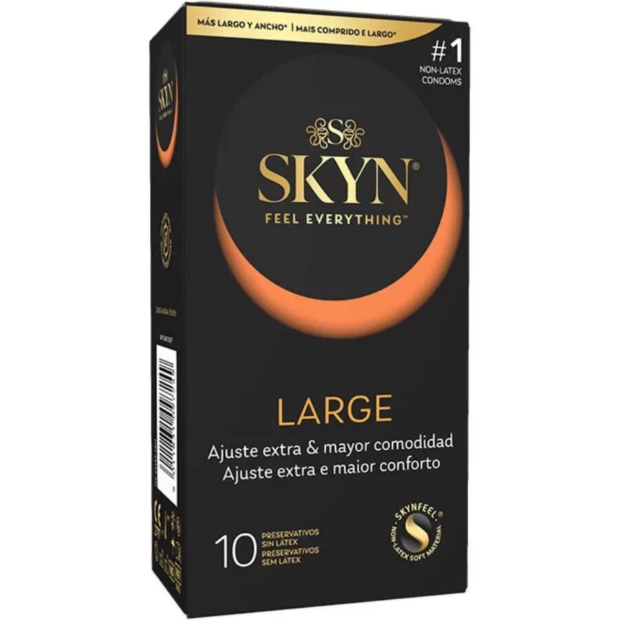 Preservativi SKYN Large Extra Adjustment, confezione da 10 unità, in lattice sottile e resistente, per maggiore comfort e sicurezza.