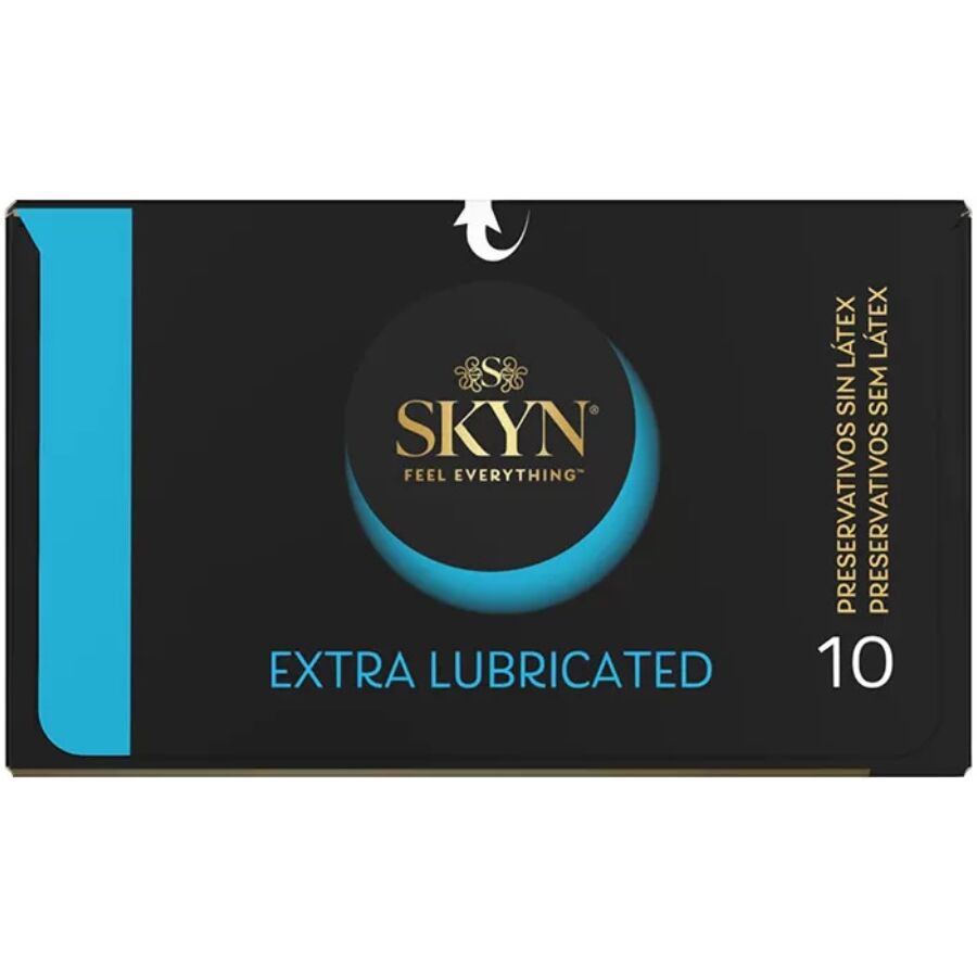 Preservativi SKYN extra lubrificati in confezione da 10, senza lattice, per maggiore comfort e sensibilità.