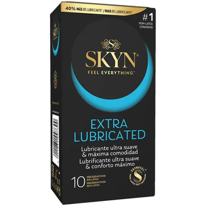 Preservativi SKYN extra lubrificati in confezione da 10 pezzi, sicuri e confortevoli per un uso intimo.