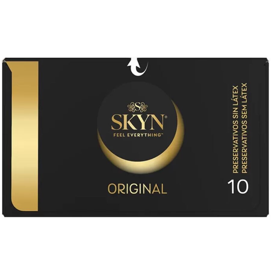 Preservativi SKYN Originali Natural Sensation, confezione da 10 unità, con dettagli della scatola e preservativi in evidenza.