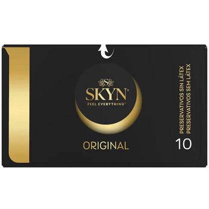 Preservativi SKYN Originali Natural Sensation, confezione da 10 unità, con dettagli della scatola e preservativi in evidenza.