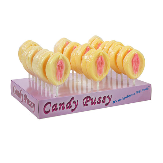 Lecca-lecca Candy Pussy Spencer & Fleetwood con caramelle colorate e confezione decorativa, visibile in primo piano.