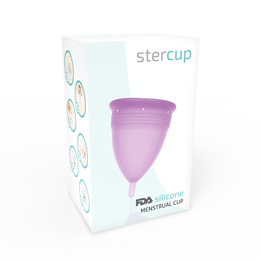 Coppa mestruale in silicone FDA STERCUP di colore lilla, vista frontale, con dettagli del prodotto e forma ergonomica.