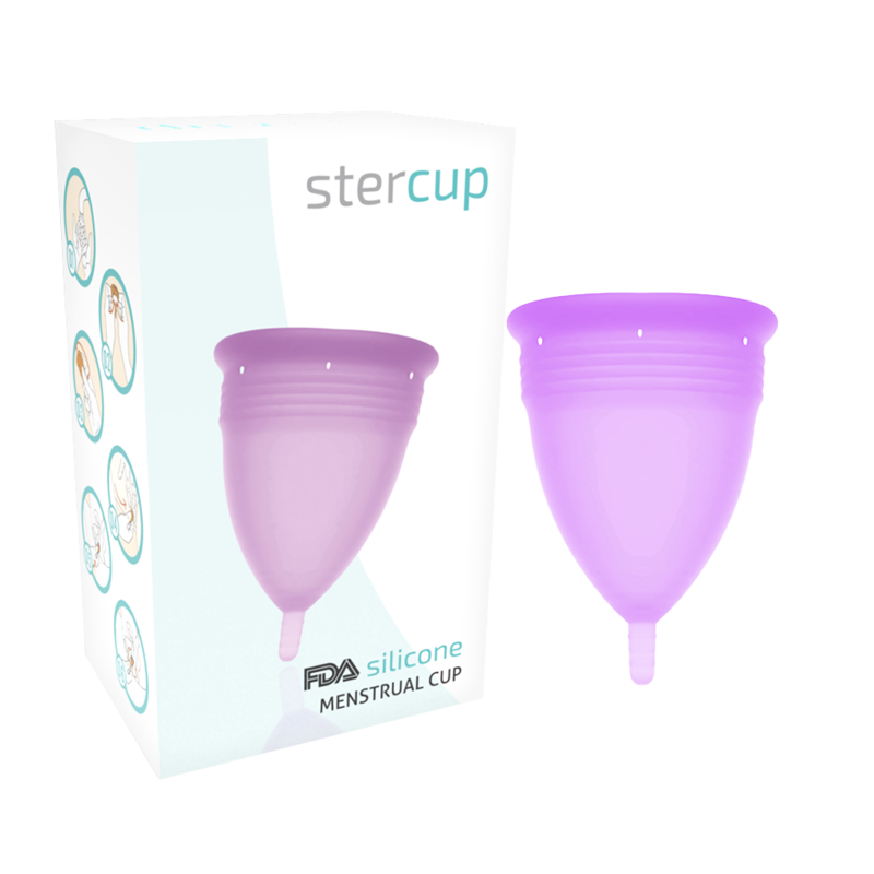 Coppa mestruale STERCUP in silicone FDA lilla, taglia S, mostrata in primo piano con dettagli morbidi e compatibili con la pelle.