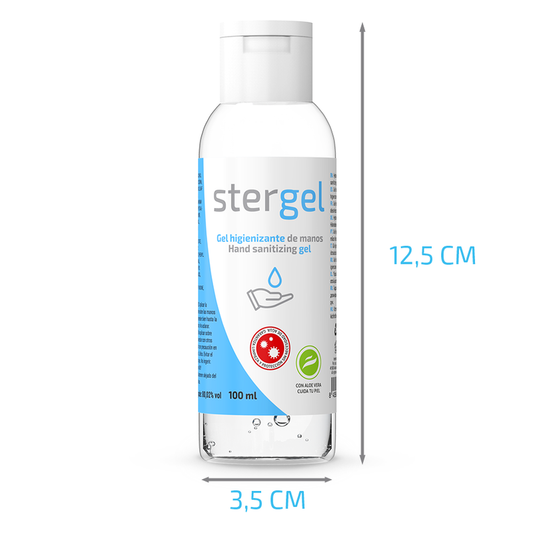 Gel igienizzante mani STERGEL con aloe vera, 100ml, idroalcolico, conserva morbidezza e igiene delle mani.