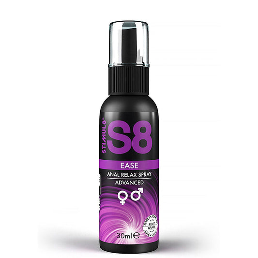 Spray rilassante anale STIMUL8 S8 EASE, 30 ml, flacone spray con etichetta bianca e dettagli blu, applicatore pratico.