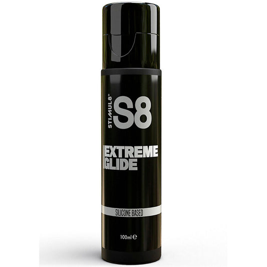 Lubrificante in silicone STIMUL8 S8 Extreme Glide da 100 ml, bottiglia con etichetta nera e dettagli blu, ideale per uso personale.