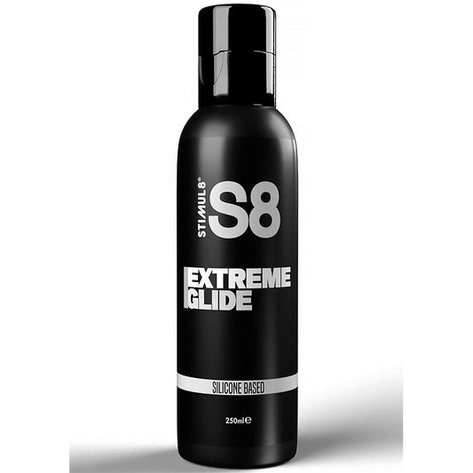 Silicone STIMUL8 S8 Extreme Glide da 250 ml, flacone con etichetta bianca e dettagli blu, visibile in primo piano.