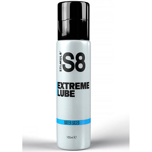 Lubrificante a base d'acqua STIMUL8 S8 Extreme da 100 ml, bottiglia con etichetta bianca e dettagli blu.
