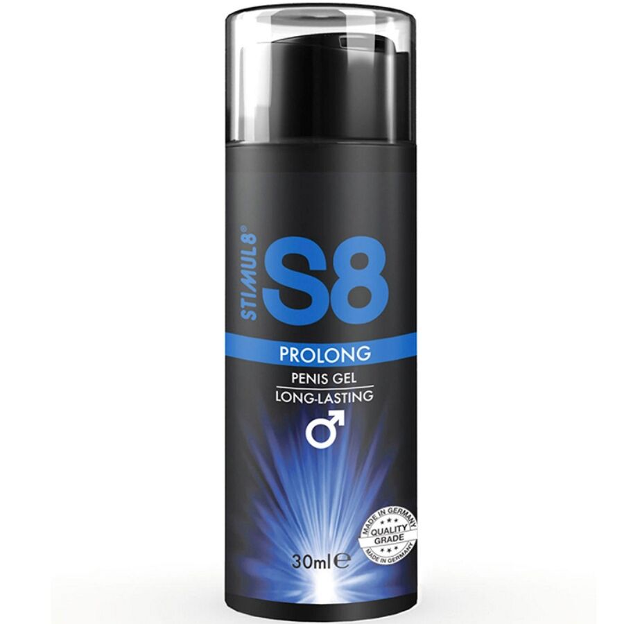 Gel stimolante Prolunga Pene STIMUL8 S8 in confezione da 30 ml, con applicatore e etichetta visibile