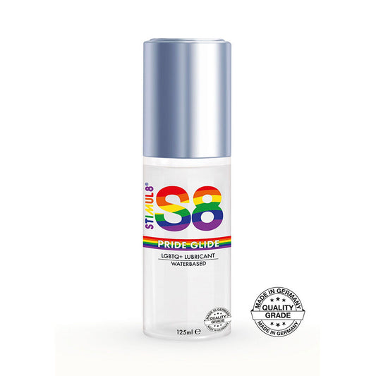 Lubrificante S8 Glide Pride di STIMUL8 in flacone da 125 ml, morbido e idratante, ideale per comfort e piacere.