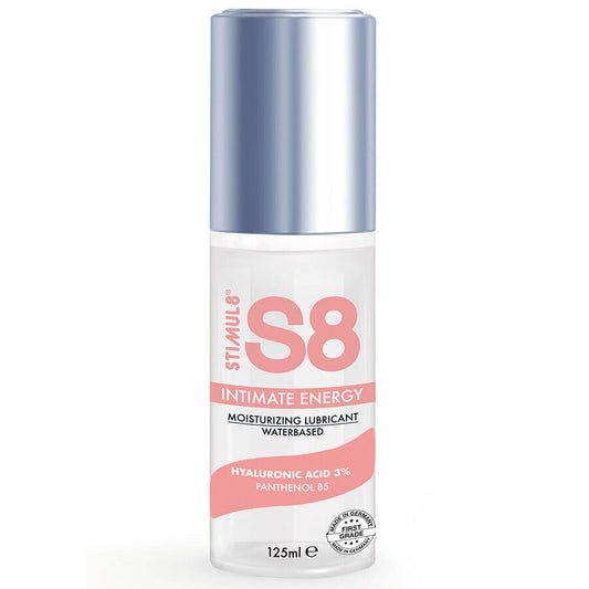 Lubrificante intimo STIMUL8 S8 con ialuronio, flacone da 125 ml, con etichetta e dettagli sulla confezione.