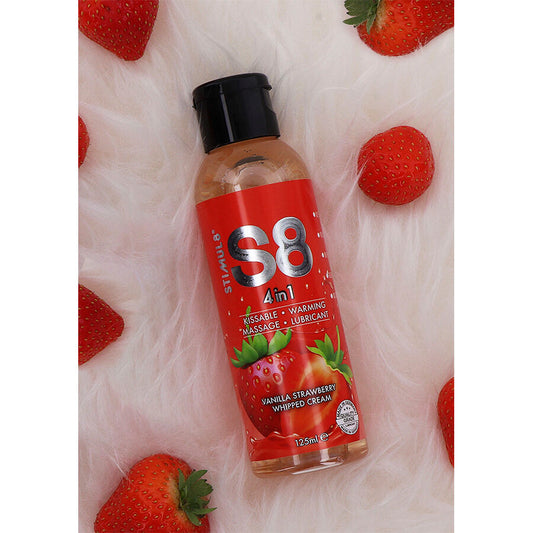 Lubrificante 4 in 1 al dessert alla fragola STIMUL8 S8, flacone da 125 ml, con aroma alla fragola e texture morbida.