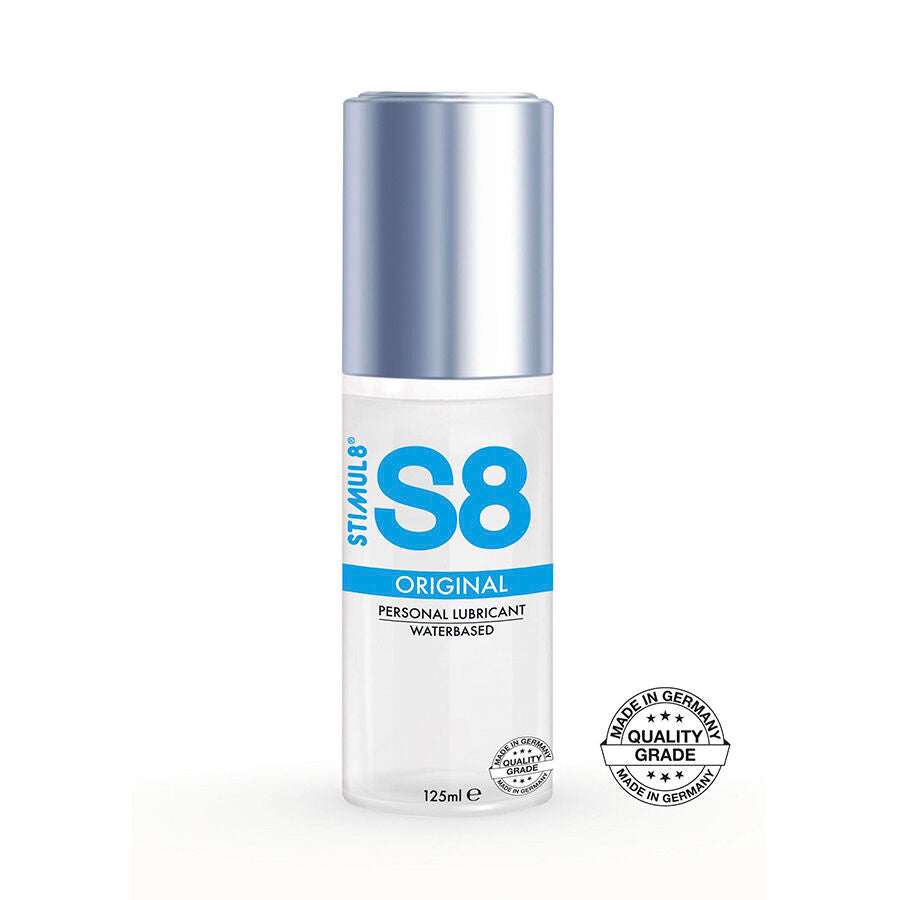 Lubrificante a base d'acqua STIMUL8 S8 da 125 ml, bottiglia con etichetta blu e bianca, ideale per uso intimo e sensuale.