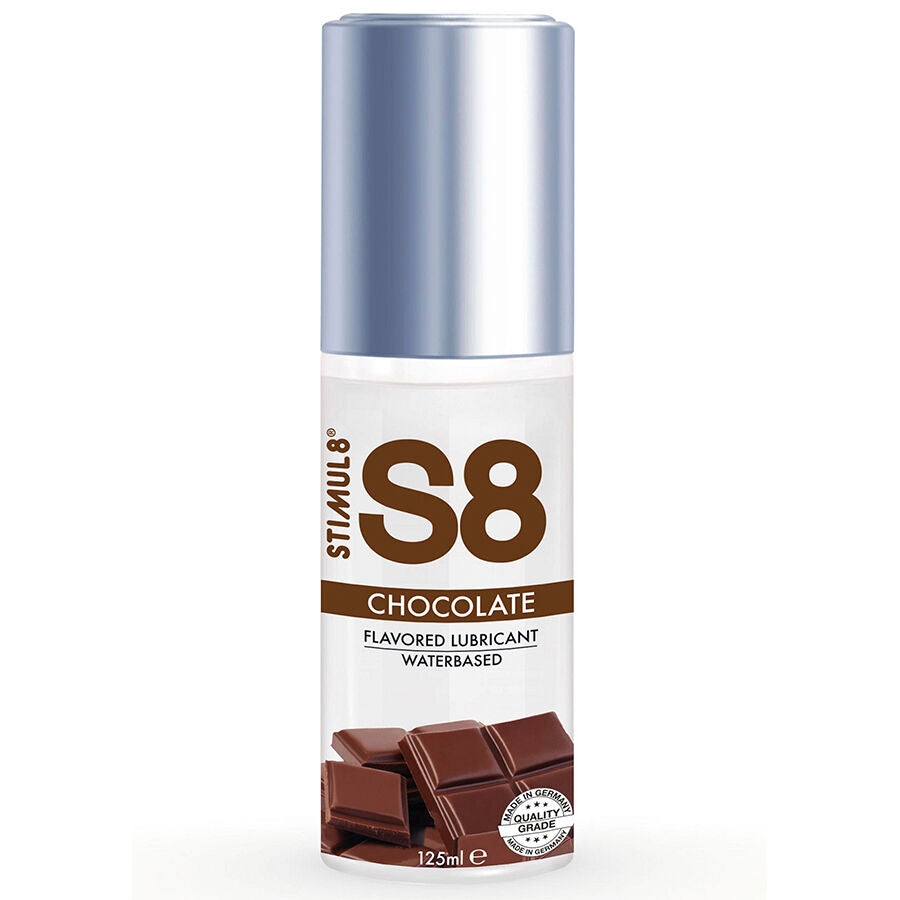 Lubrificante al cioccolato STIMUL8 S8 da 125 ml, crema liscia e aromatica per uso intimo, confezione con bottiglia.