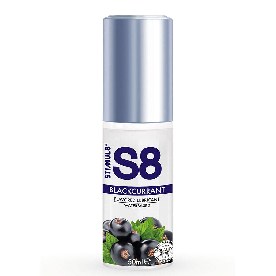 Lubrificante al mirtillo STIMUL8 S8 in flacone da 50 ml, con etichetta visibile e dettagli del prodotto.