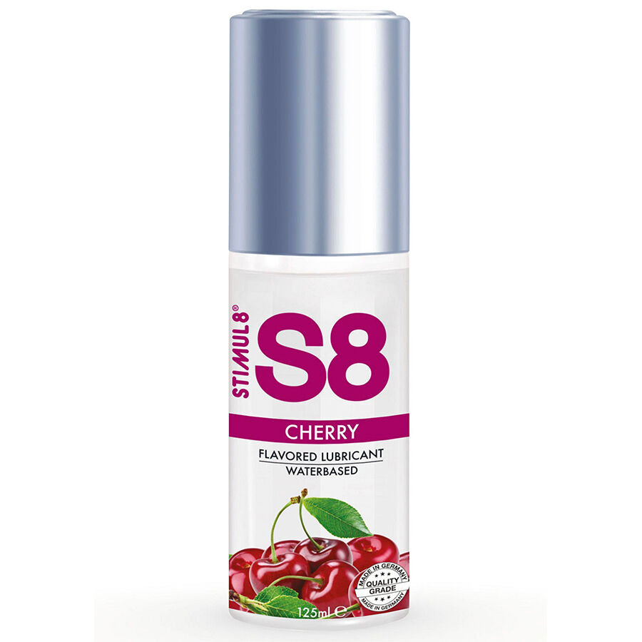 Lubrificante alla ciliegia STIMUL8 S8 in bottiglia da 125 ml, con etichetta visibile e dettagli del flacone.