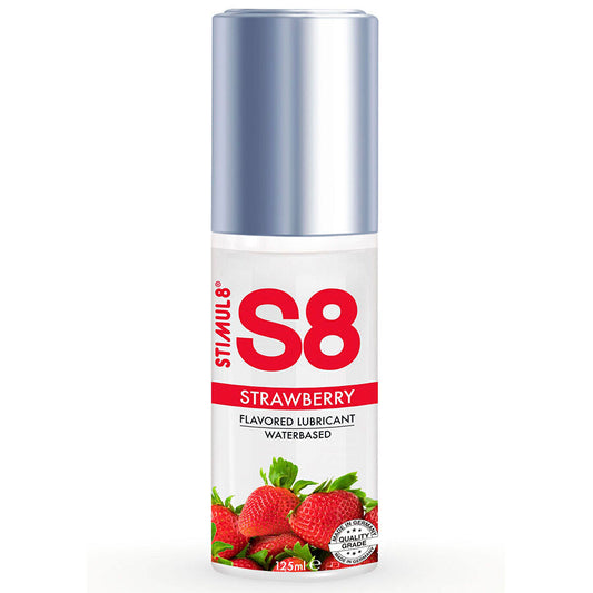 Lubrificante alla fragola STIMUL8 S8 da 125 ml, liquido trasparente e profumato, ideale per uso intimo.
