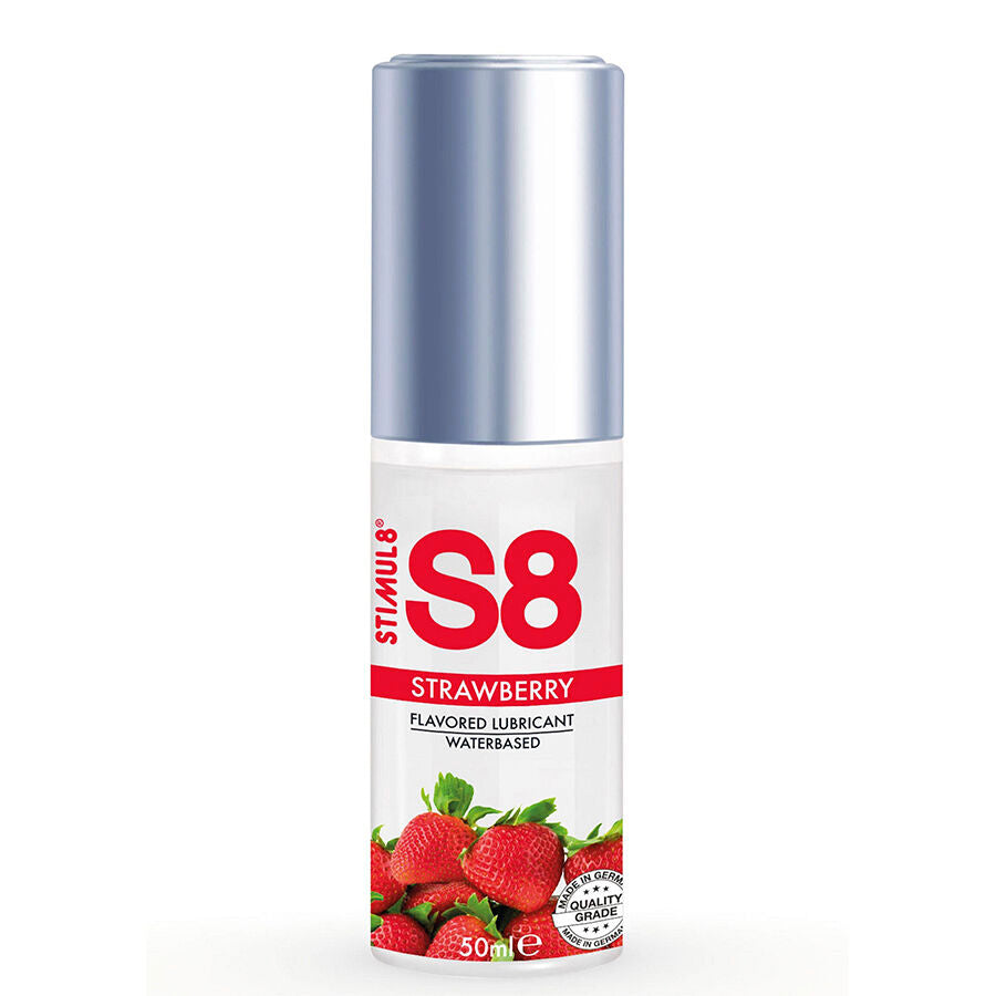 Lubrificante alla fragola STIMUL8 S8 da 50 ml, bottiglia con etichetta colorata, ideale per uso personale e sensoriale