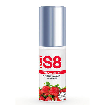 Lubrificante alla fragola STIMUL8 S8 da 50 ml, bottiglia con etichetta colorata, ideale per uso personale e sensoriale