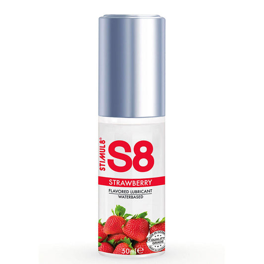 Lubrificante alla fragola STIMUL8 S8 da 50 ml, bottiglia con etichetta colorata, ideale per uso personale e sensoriale