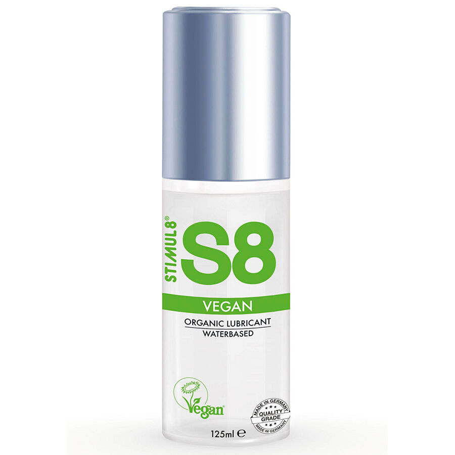 Lubrificante vegano STIMUL8 S8 in bottiglia da 125 ml, prodotto per il benessere intimo, senza ingredienti di origine animale.
