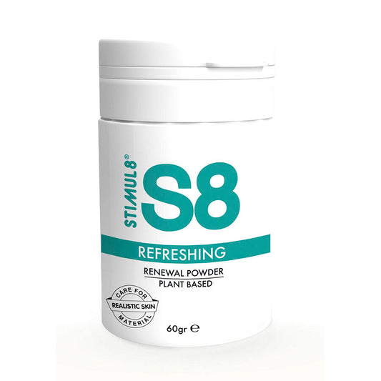 Polvere rinnovatrice naturale STIMUL8 S8 in confezione da 60 g, rinfrescante e rinvigorente, visibile nel contenitore.