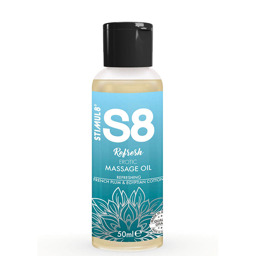 Olio da massaggio erotico Stimuli8 S8 Refresh in cotone da 50 ml, bottiglia con etichetta e tappo blu.