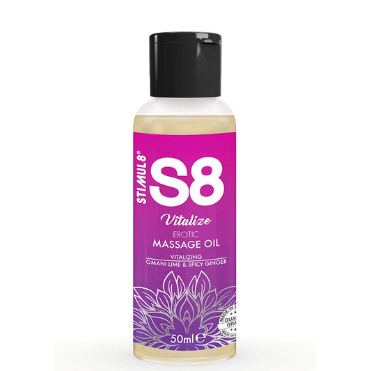Olio per massaggio erotico STIMUL8 S8 Vitalize con aroma di lime, 50 ml, bottiglia con etichetta e tappo.