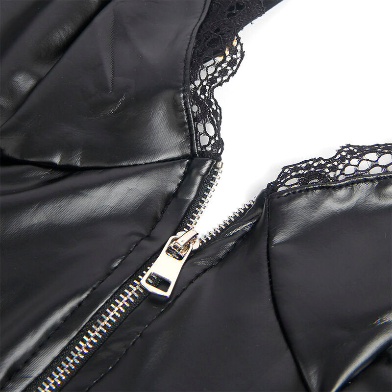 Body in pelle nera SUBBLIME BODIES con zip, modello S/M, visibile dettaglio della chiusura e del tessuto lucido.